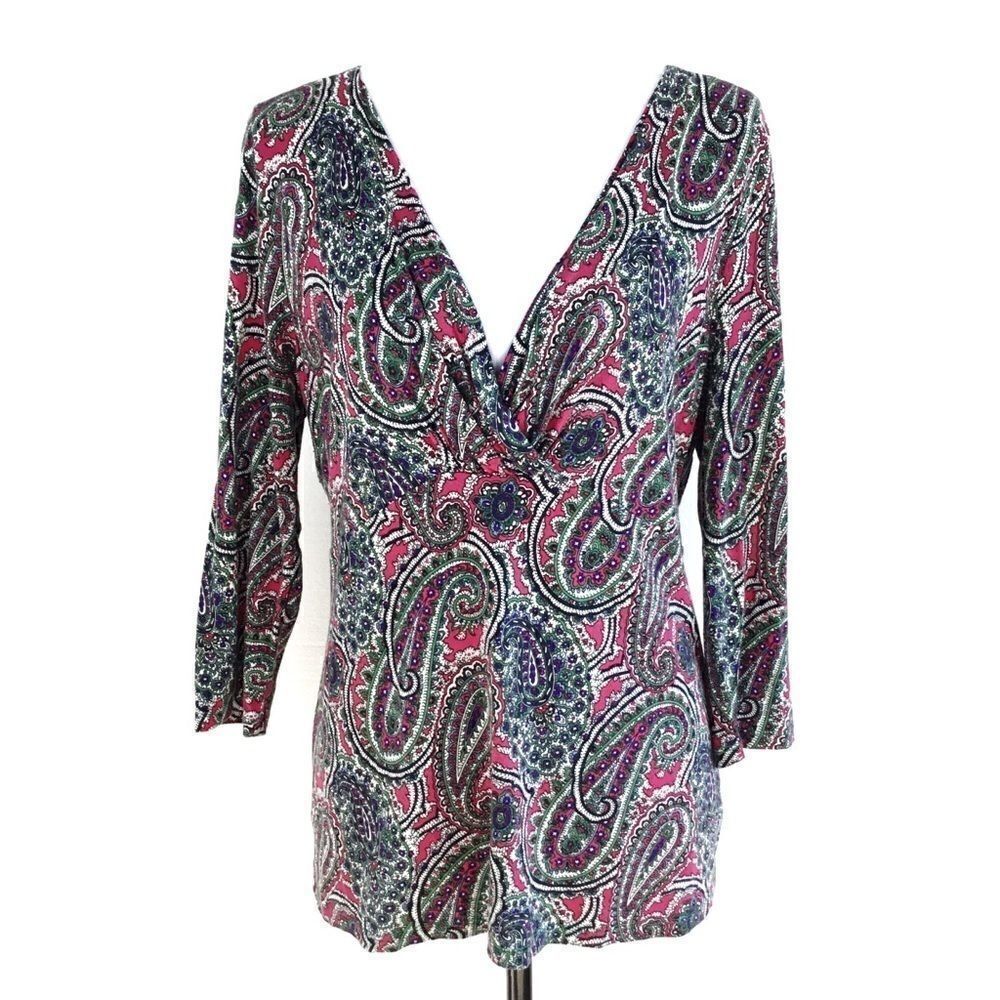 TALBOTS Paisley Print Blouse V-neck Multi Color 3/4 Length Sleeves Medium